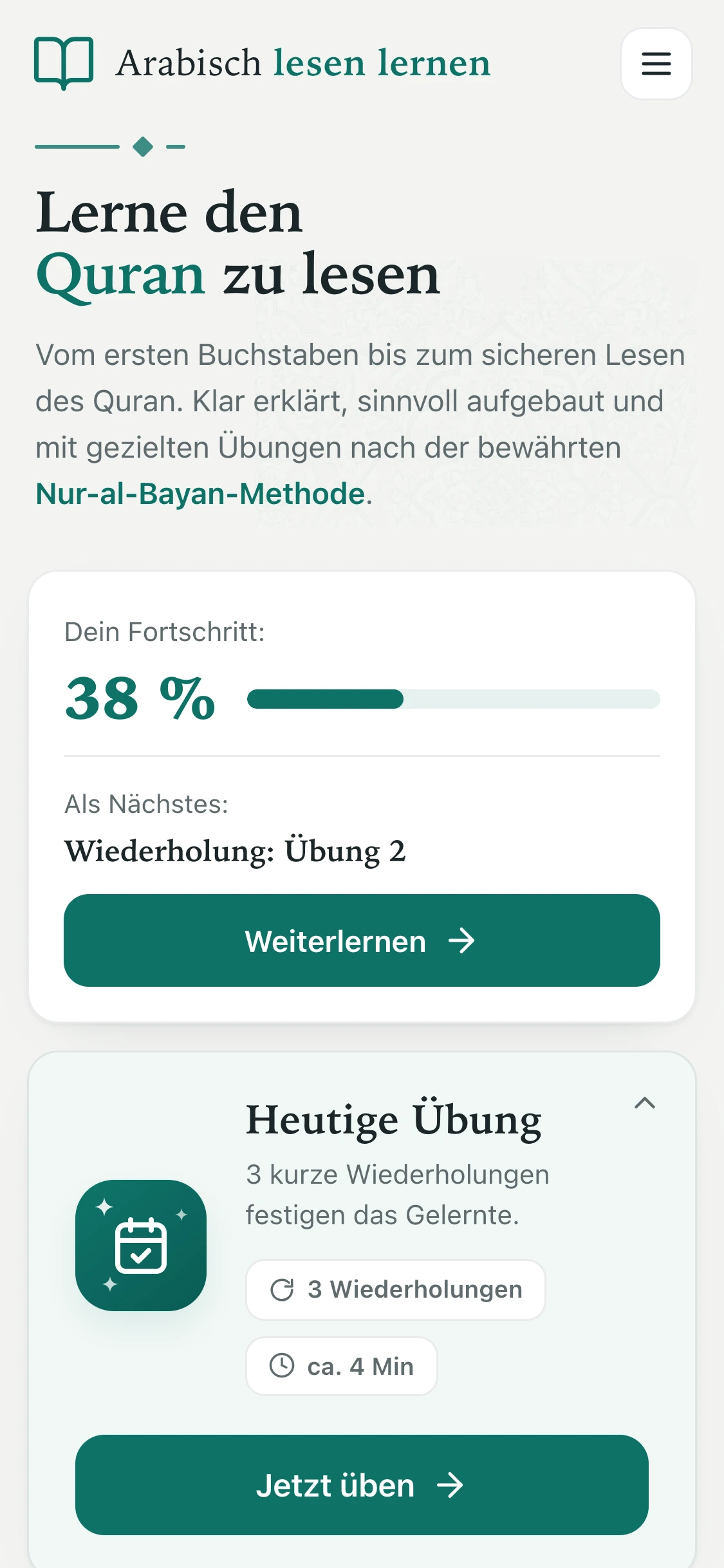 Startseite des Lesekurses mit Fortschrittsanzeige und der Karte „Heutige Übung“ mit drei kurzen Wiederholungen.
